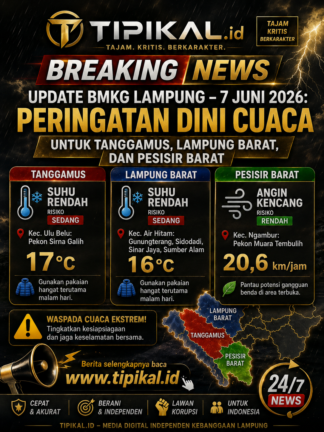 Peringatan Dini Cuaca BMKG Lampung untuk Tanggamus dan Pesisir Barat