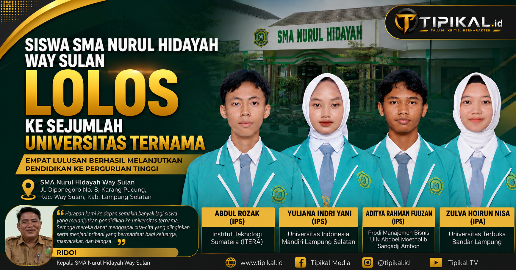 Siswa SMA Nurul Hidayah Way Sulan Lolos ke Universitas Ternama