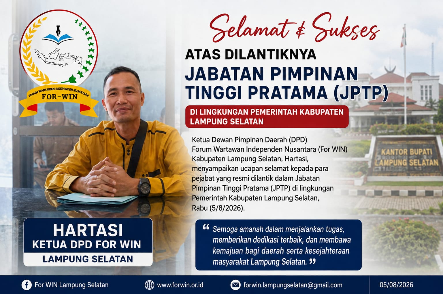 For-WIN Lampung Selatan Apresiasi Pelantikan JPTP
